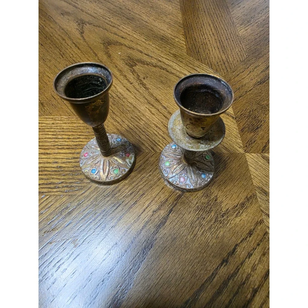 Vintage Brass Candlestick Holders Set of 2 Ornate Enamel Detail Weathered Patina